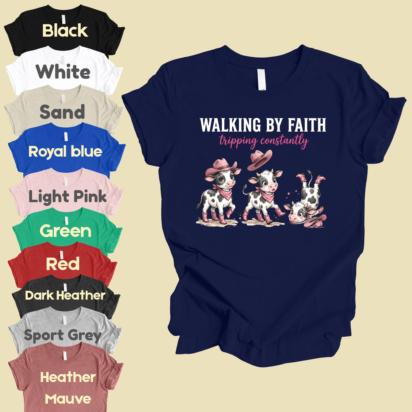 Funny Western Cow Walking by Faith T-Shirt, Pink Cowboy Boots Christian Humor Tee