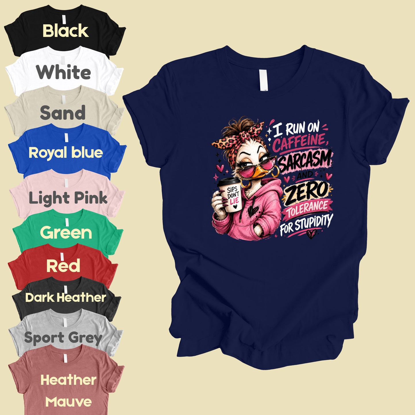 Funny Duck Caffeine T-Shirt, I Run on Caffeine Coffee Messy Bun Leopard Bow Women Tee