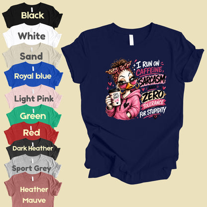 Funny Duck Caffeine T-Shirt, I Run on Caffeine Coffee Messy Bun Leopard Bow Women Tee