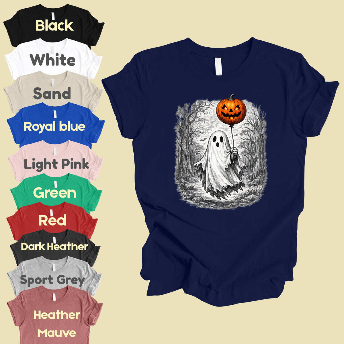 Vintage Halloween Ghost Pumpkin Balloon T-Shirt, Spooky Forest Retro Tee