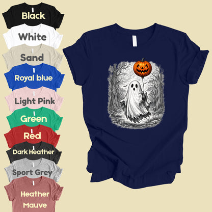 Vintage Halloween Ghost Pumpkin Balloon T-Shirt, Spooky Forest Retro Tee