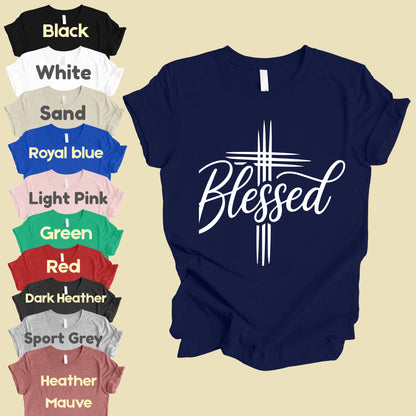 Blessed Cross Christian T-Shirt, Script Cursive Faith Minimalist Religious Tee Sweatshirt