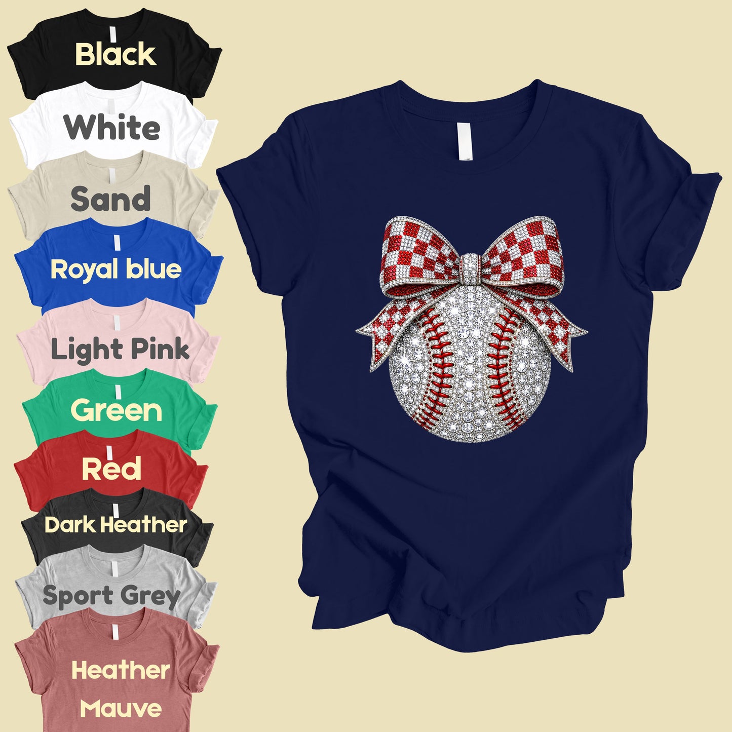 Coquette Baseball Sparkle T-Shirt, Red Checkered Bow Sports Mom Girl Tee