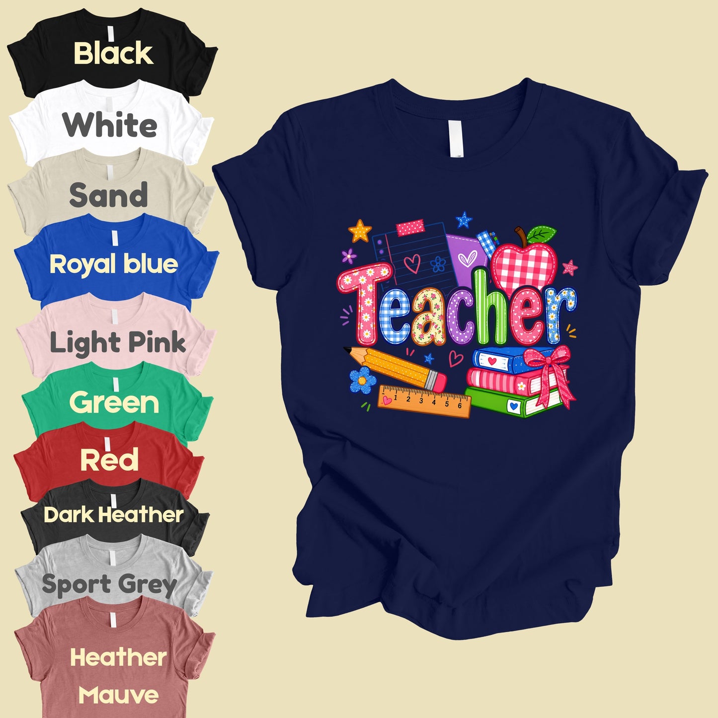 Teacher Apple Books Pencil T-Shirt, Colorful School Supplies Back to School Comfort Color Tee