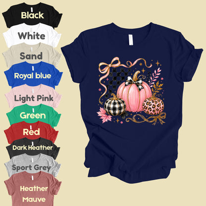 Pink Coquette Fall Pumpkin T-Shirt, Leopard Plaid Ribbon Bow Checkered Autumn Tee
