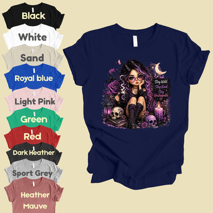 Stay Wild Stay Kind Goth Girl Skull T-Shirt, Purple Crescent Moon Witchy Tee