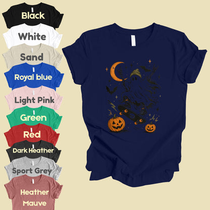 Halloween Skater Ghost Rock On T-Shirt, Skateboarding Skeleton Crescent Moon Pumpkins Bats Tee