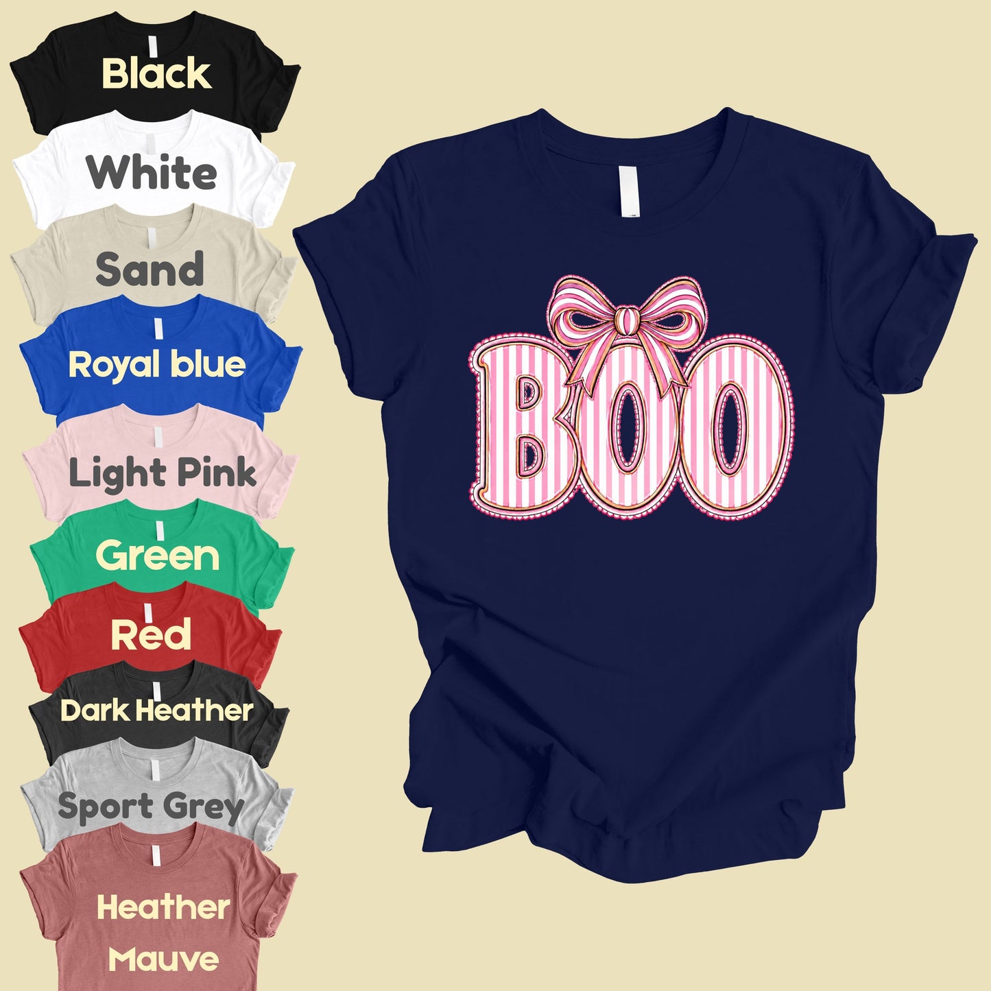 Boo Coquette Pink Bow Halloween T-Shirt, Striped Ribbon Cute Spooky Season Tee