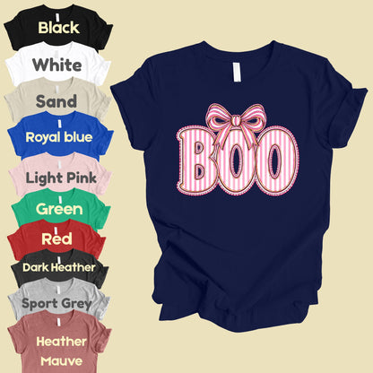 Boo Coquette Pink Bow Halloween T-Shirt, Striped Ribbon Cute Spooky Season Tee