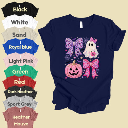 Coquette Halloween Ghost Pink Pumpkin Leopard Bow T-Shirt, Spooky Cute Tee