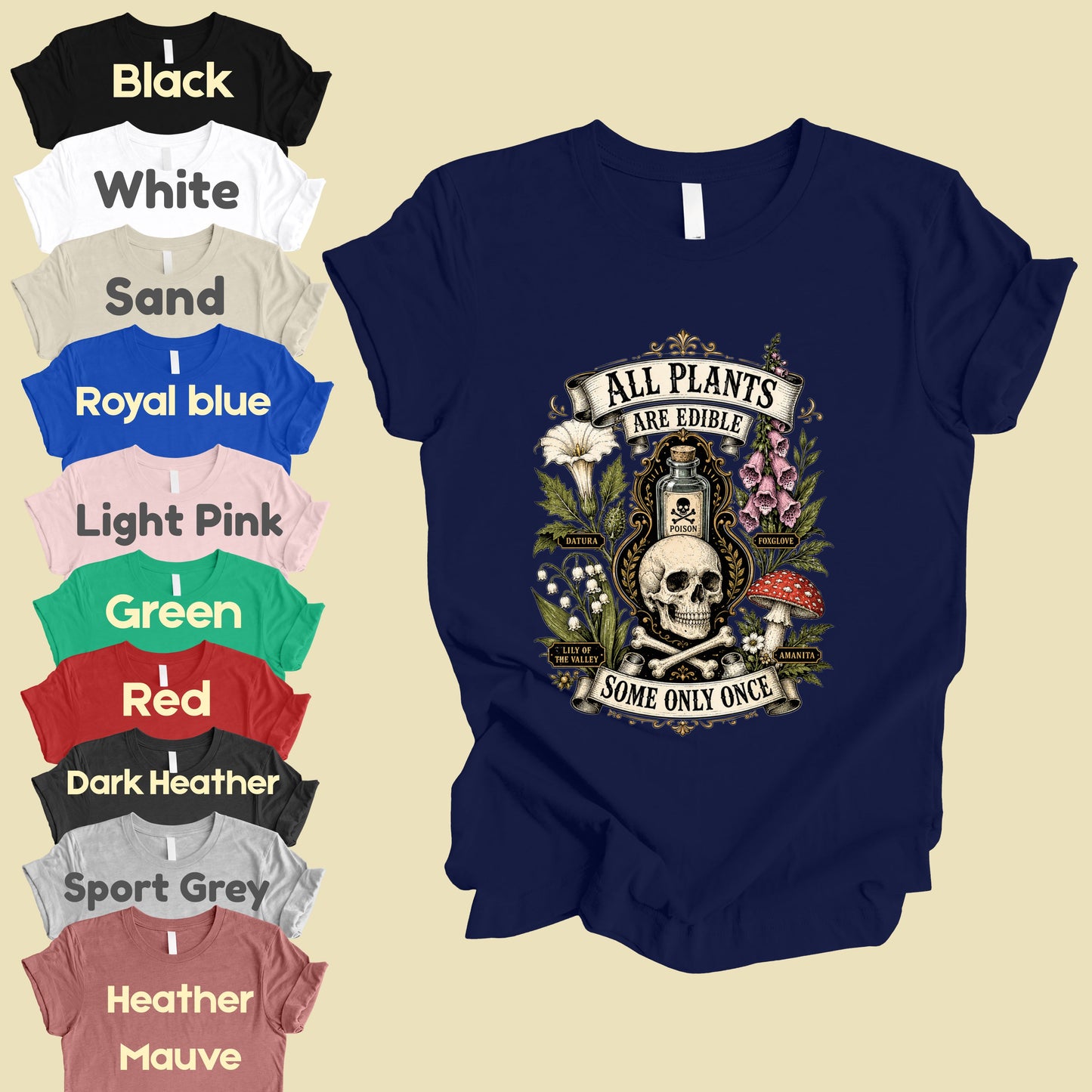 Funny Botanical All Plants Are Edible T-Shirt, Poisonous Mushroom Skull Vintage Tee