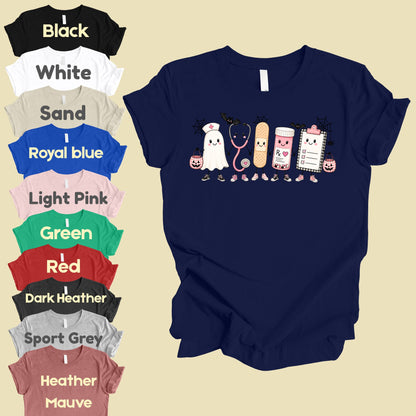Pink Spooky Nurse Squad Halloween T-Shirt, Ghost Stethoscope Medical Bandage Tee