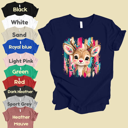 Cute Christmas Reindeer Floral Antlers T-Shirt, Pink Teal Gold Holiday Tee