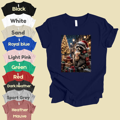 Christmas Raccoon Santa Hat T-Shirt, Coffee Drink Cute Holiday Winter Comfort Color Tee