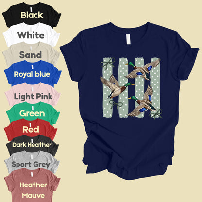 Flying Mallard Ducks Vintage T-Shirt, Green Bows Polka Dot Coquette Hunting Tee