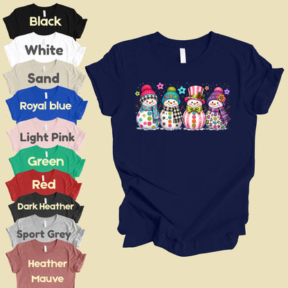 Christmas Colorful Snowmen T-Shirt, Cute Winter Snowman Beanies Scarves Holiday Tee