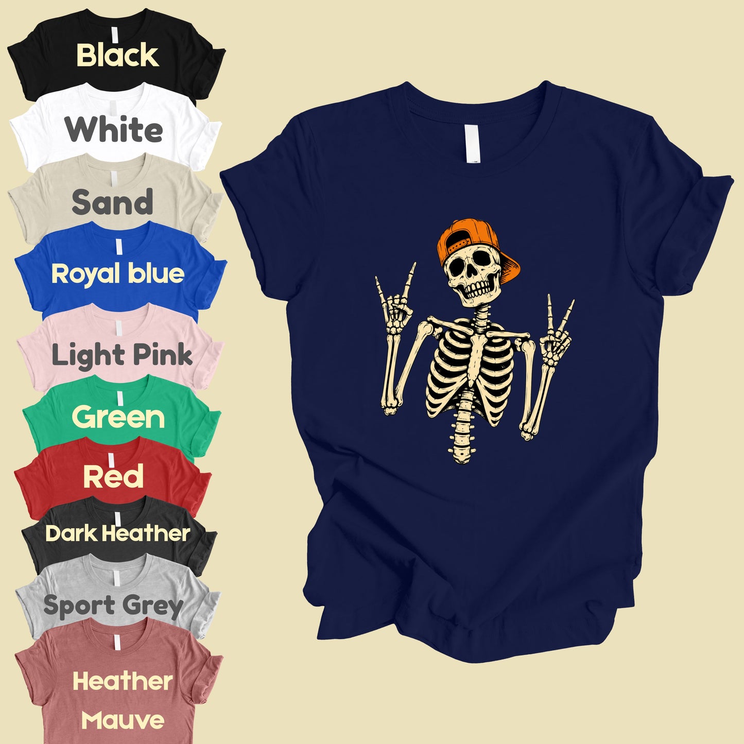 Cool Skeleton Rock On T-Shirt, Peace Sign Halloween Orange Hat Spooky Tee