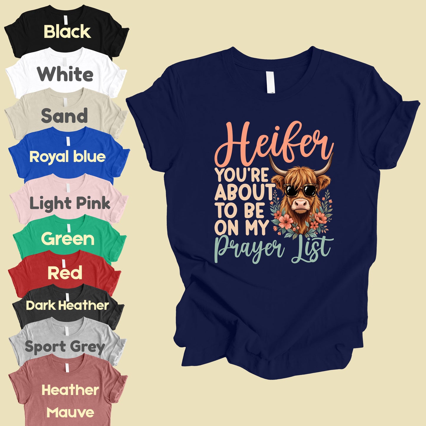 Sassy Highland Cow Prayer List T-Shirt, Sunglasses Floral Country Western Tee