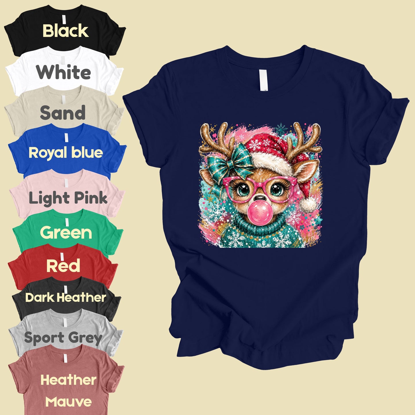 Christmas Reindeer Pink Glasses T-Shirt, Bubblegum Deer Santa Hat Cute Comfort Color Tee