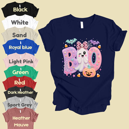 Pastel Cute Ghost Halloween Boo T-Shirt, Pink Purple Bow Pumpkin Candy Corn Girls Tee