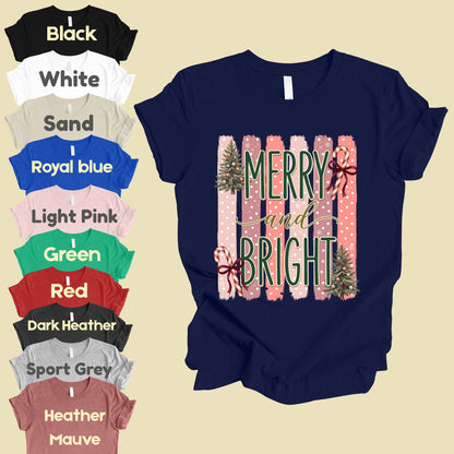 Merry and Bright Comfort Colors T Shirts Cute Christmas Tree Tees Pink Candy Cane Shirt Festive Holiday Winter Graphic Hoodie
