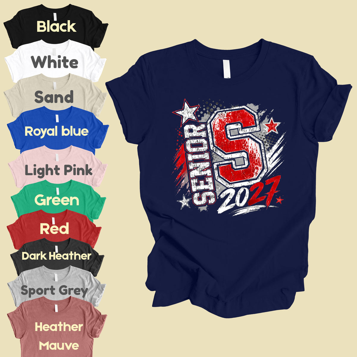 Senior 2027 Class of 2027 T-Shirt, Red Black Distressed Letter Graduation Tee