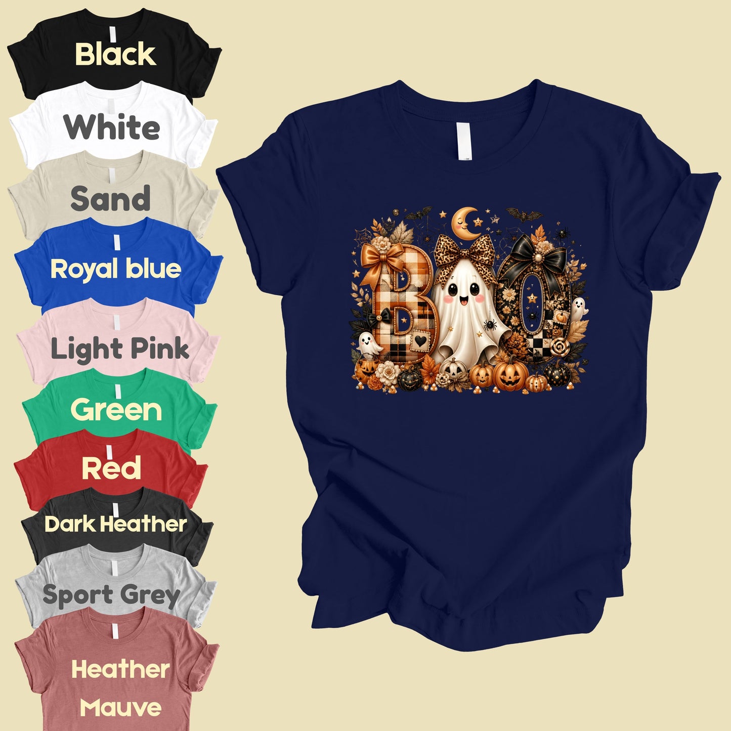 Halloween Boo Ghost T-Shirt, Cute Bows Orange Plaid Leopard Spooky Season Comfort Color Tee