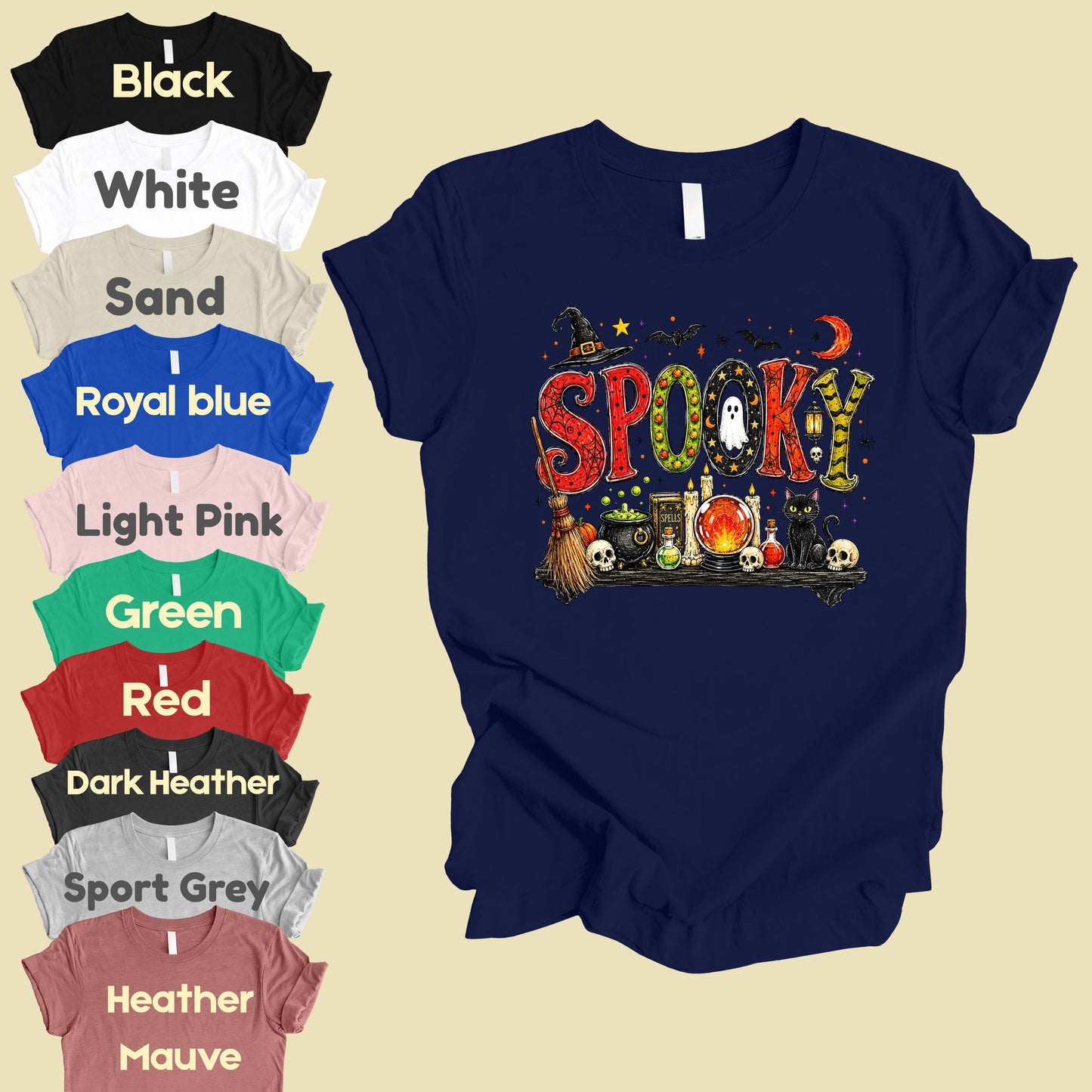 Halloween Witch Shelf Black Cat T-Shirt, Crystal Ball Cauldron Potion Skull Spooky Tee