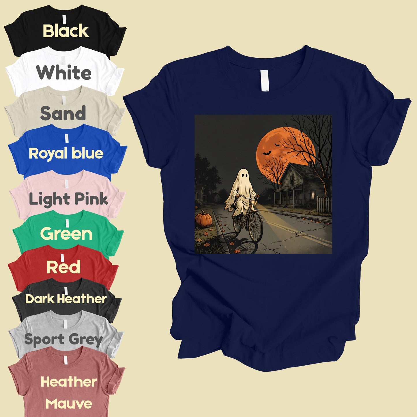 Ghost Riding Bike Halloween T-Shirt, Haunted House Orange Harvest Moon Tee Sweatshirt