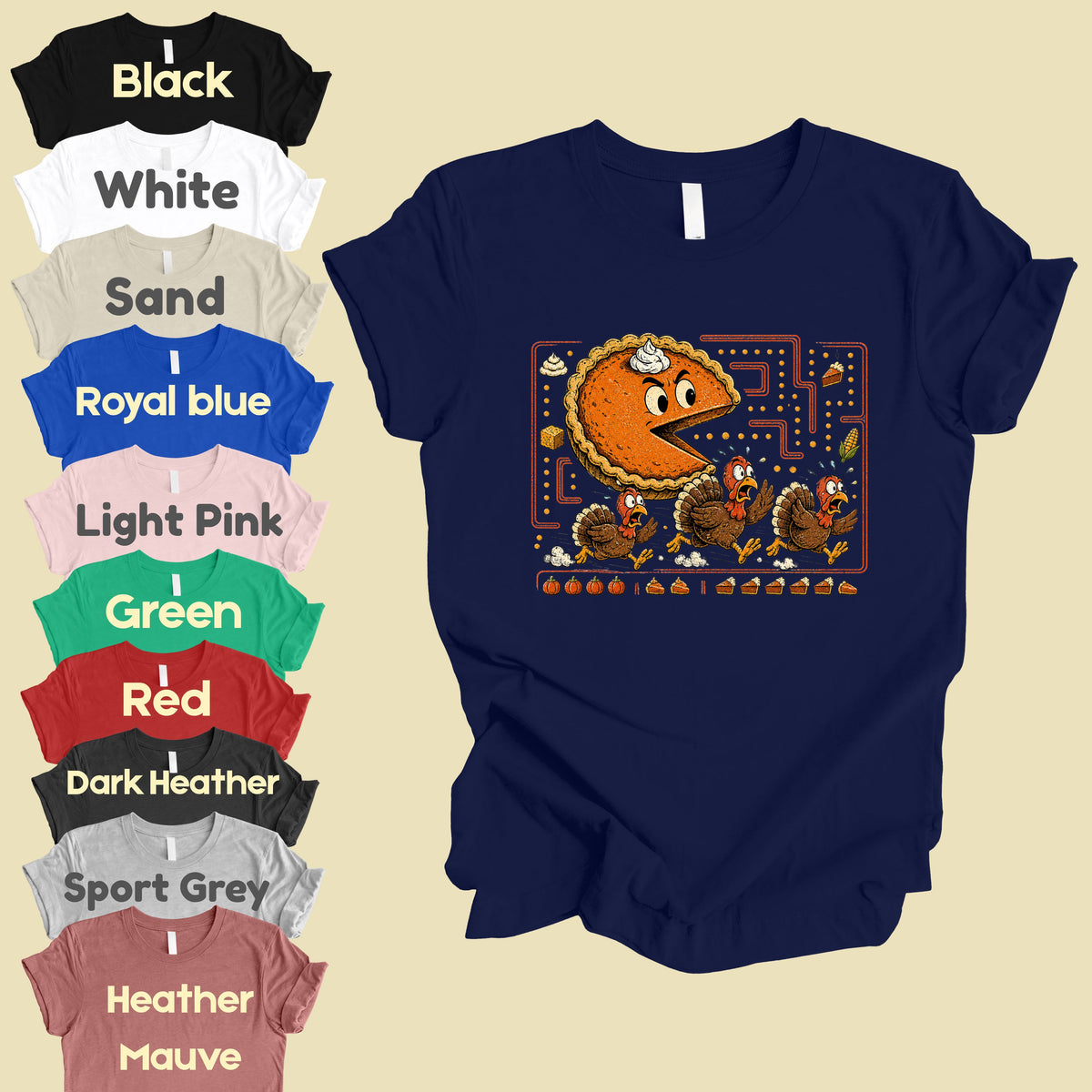 Funny Thanksgiving Pacman Pumpkin Pie T-Shirt, Chasing Turkeys Maze Video Game Tee