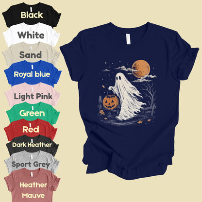 Vintage Halloween Ghost T-Shirt, Jack O Lantern Full Moon Sepia Neutral Tones Spooky Fall Tee
