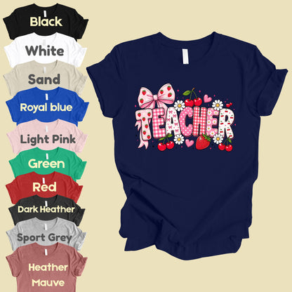 Teacher Coquette Pink T-Shirt, Strawberries Cherries Bow School Educator Tee