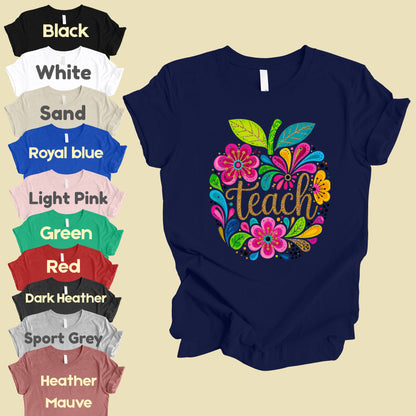 Teacher Teach Floral Apple T-Shirt, Colorful Back to School Teacher Life Tee