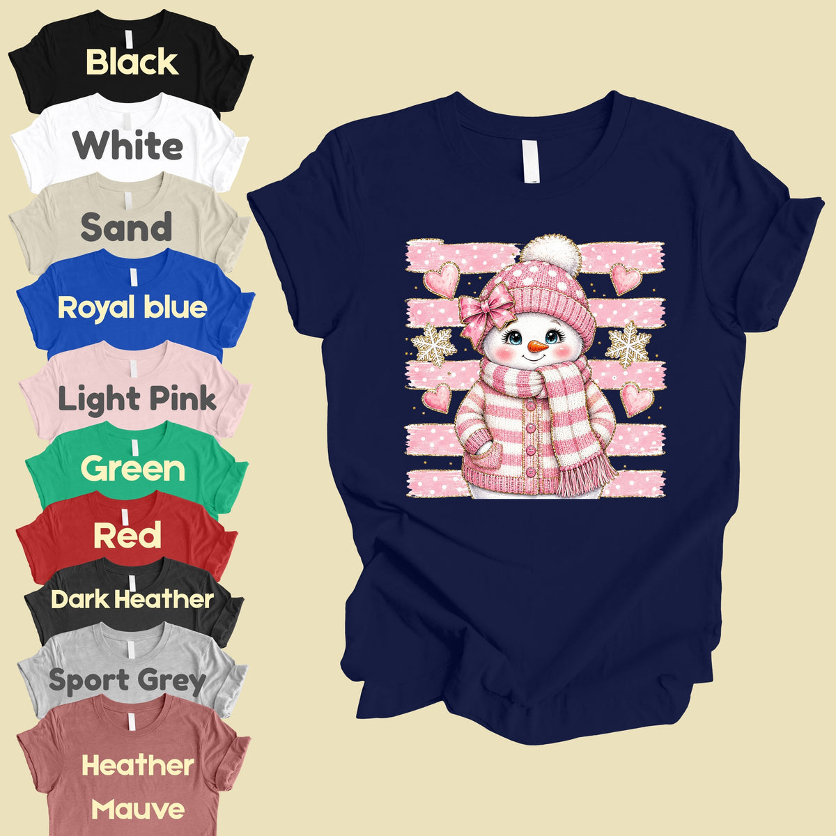 Cute Pink Snowgirl Winter T-Shirt, Snowman Beanie Bow Pink Stripes Hearts Tee