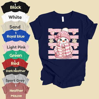 Cute Pink Snowgirl Winter T-Shirt, Snowman Beanie Bow Pink Stripes Hearts Tee