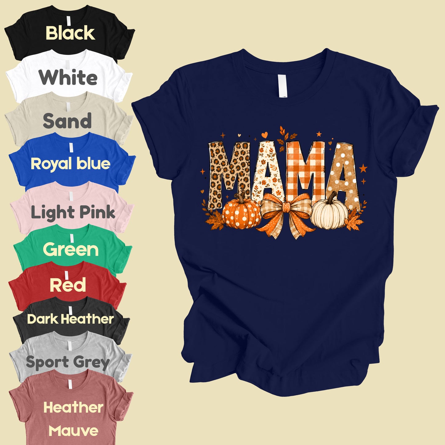 Fall Mama Pumpkin Leopard Plaid T-Shirt, Varsity Letters Autumn Leaves Bow Thanksgiving Mom Tee
