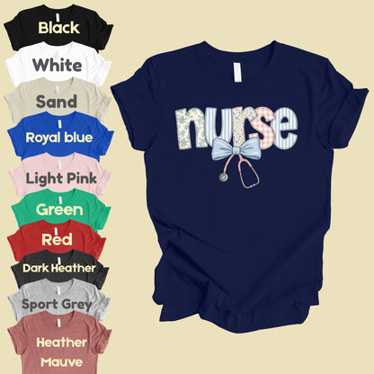 Nurse Coquette Floral Bow T-Shirt, Stethoscope Vintage Patchwork Nurse Tee