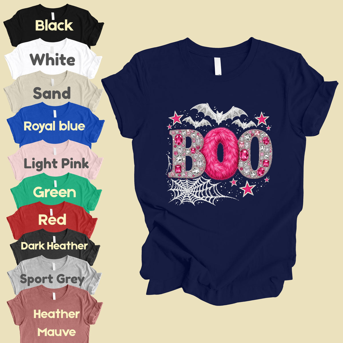 Boo Pink Glitter Bats Halloween T-Shirt, Spider Web Sparkle Comfort Color Tee