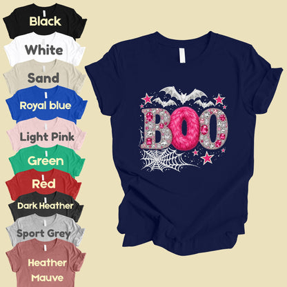Boo Pink Glitter Bats Halloween T-Shirt, Spider Web Sparkle Comfort Color Tee