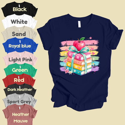 Coquette Stacked Books Teacher T-Shirt, Apple Ribbon Colorful Brushstrokes Comfort Color Tee