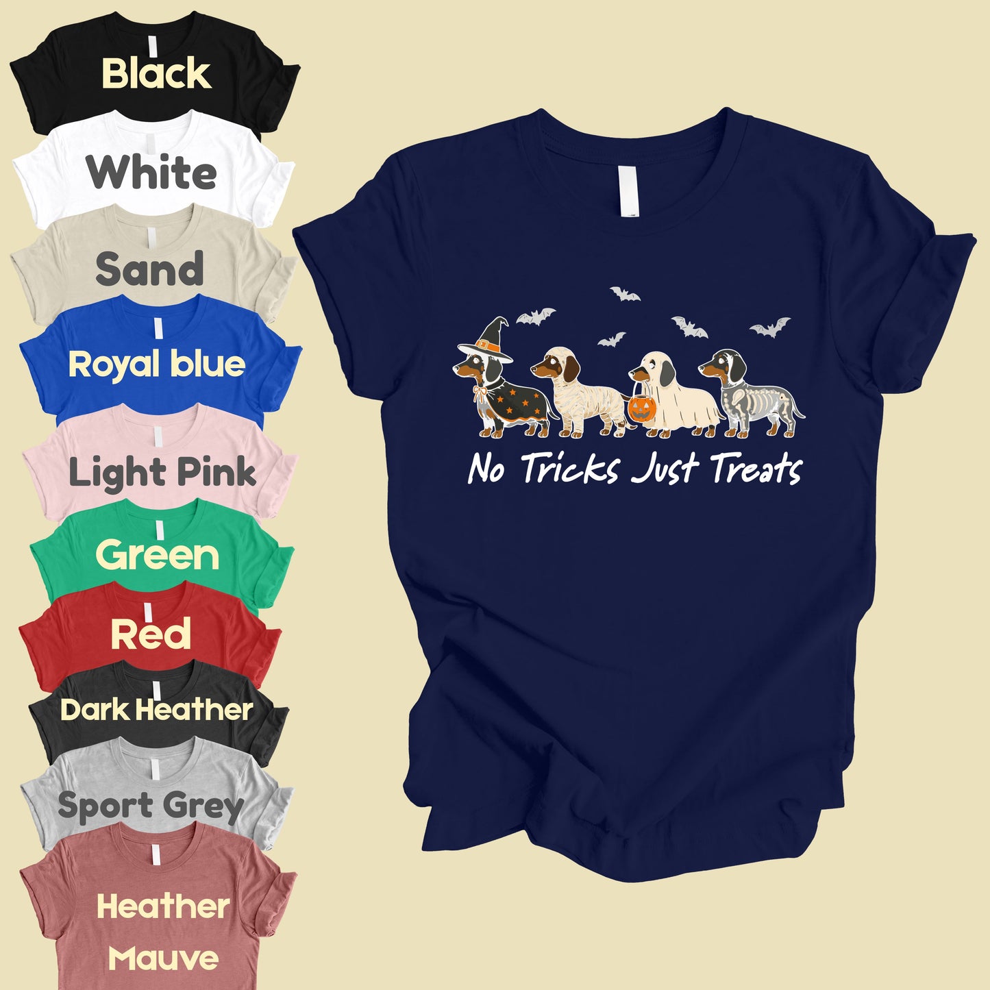 Dachshund Halloween Comfort Colors T Shirts No Tricks Just Treats Costume Tee Cute Ghost Mummy Witch Skeleton Dog Shirt Spooky Wiener Dog Hoodie