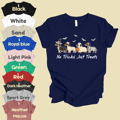 Dachshund Halloween Comfort Colors T Shirts No Tricks Just Treats Costume Tee Cute Ghost Mummy Witch Skeleton Dog Shirt Spooky Wiener Dog Hoodie