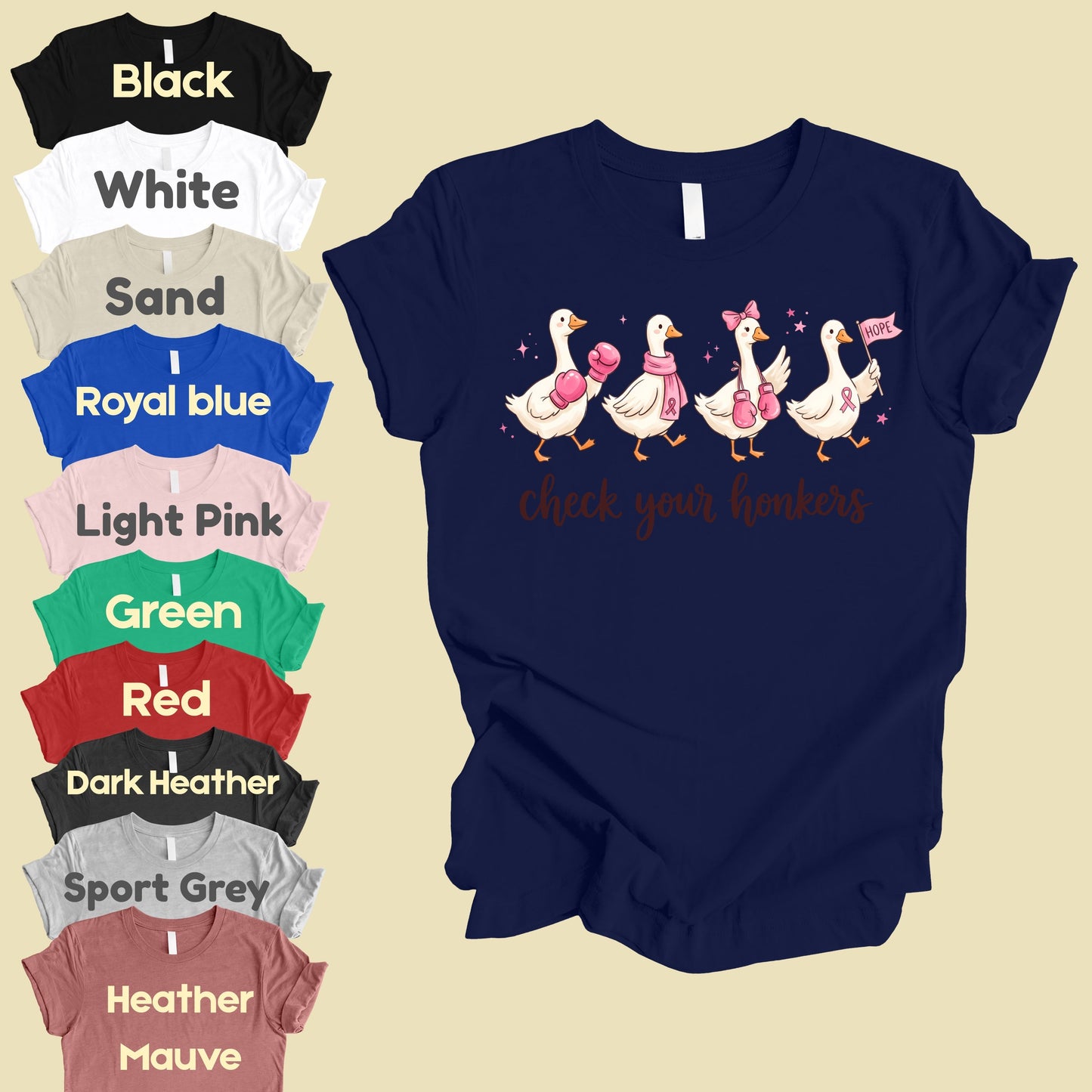 Check Your Honkers Ducks Breast Cancer Awareness T-Shirt, Pink Ribbon Boxing Gloves Geese Tee