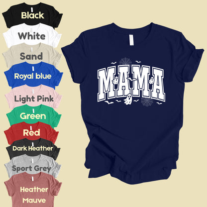 Mama Halloween Spooky Ghost Bats T-Shirt, Varsity Cute Mom Tee