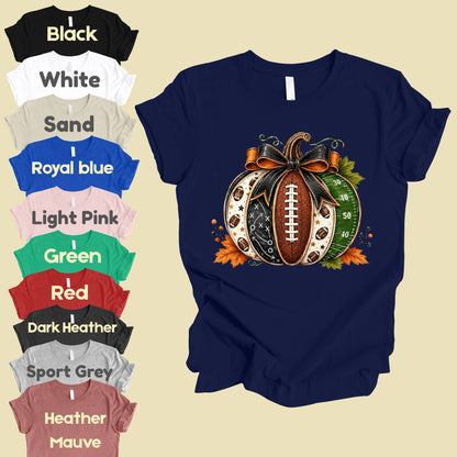 Football Pumpkin Bow Fall T-Shirt, Game Day Football Field Patchwork Autumn Tee