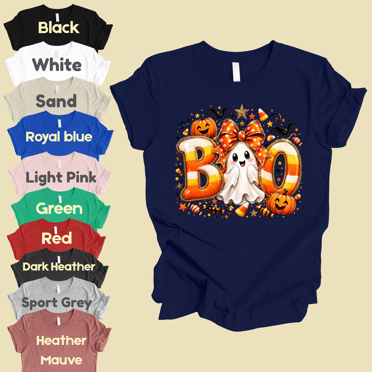 Halloween Boo Ghost Orange Bow T-Shirt, Candy Corn Pumpkin Spooky Season Tee