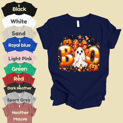 Halloween Boo Ghost Orange Bow T-Shirt, Candy Corn Pumpkin Spooky Season Tee