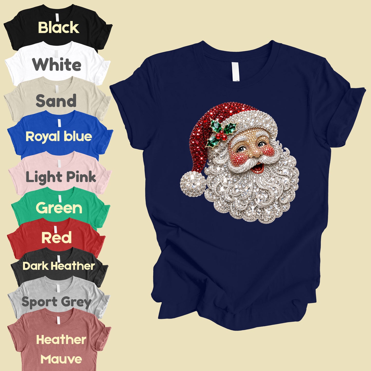 Christmas Santa Claus Vintage T-Shirt, Bejeweled Rhinestone Santa Head Festive Holiday Tee