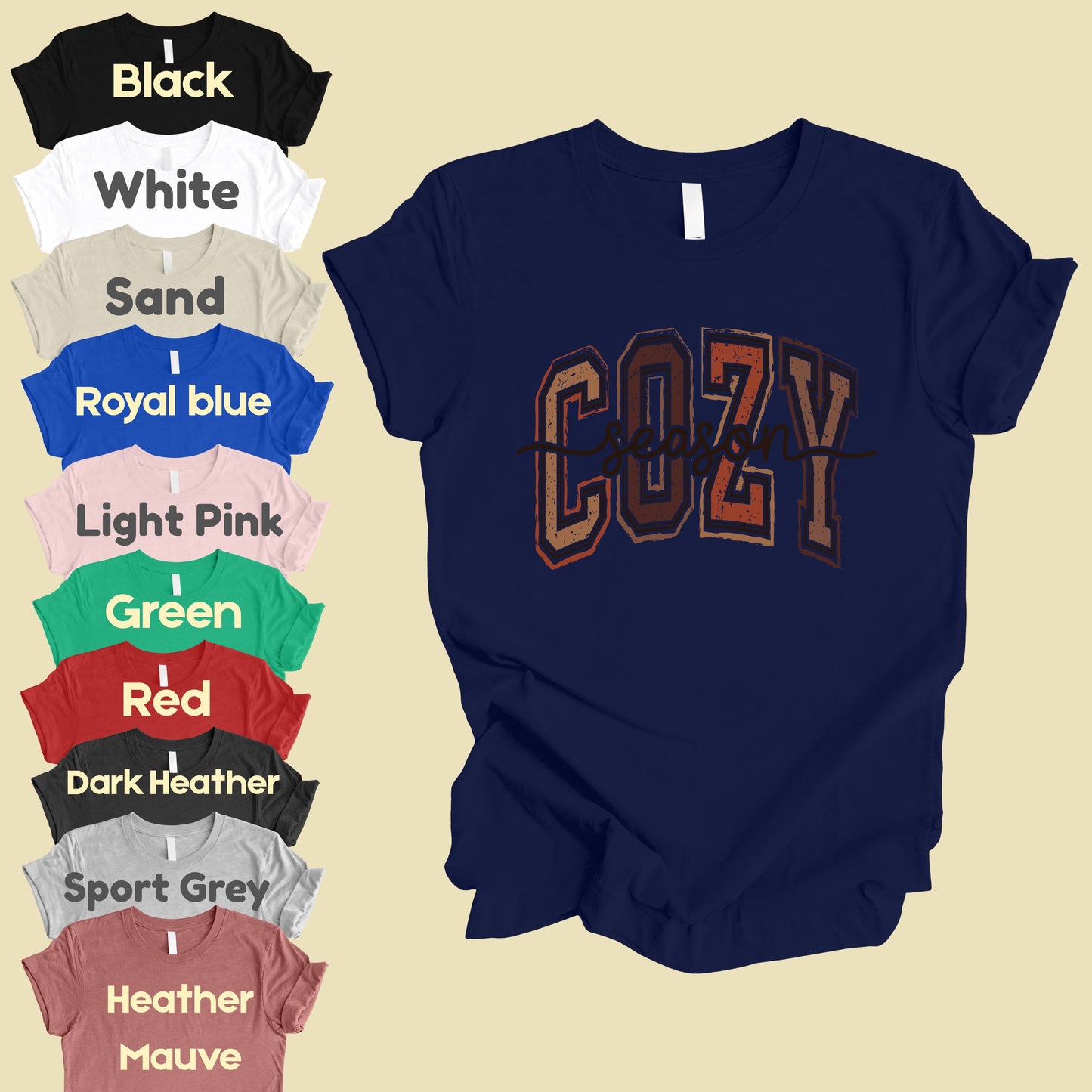 Cozy Season Fall T-Shirt, Distressed Varsity Letters Autumn Neutral Tones Tee
