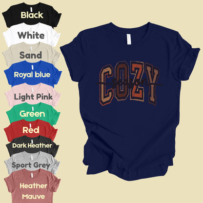 Cozy Season Fall T-Shirt, Distressed Varsity Letters Autumn Neutral Tones Tee